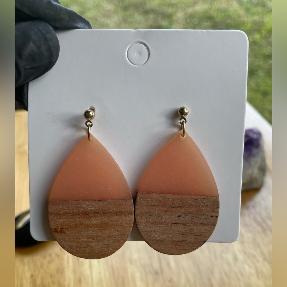 Pear Shaped Wood and Resin Dangle Earrings